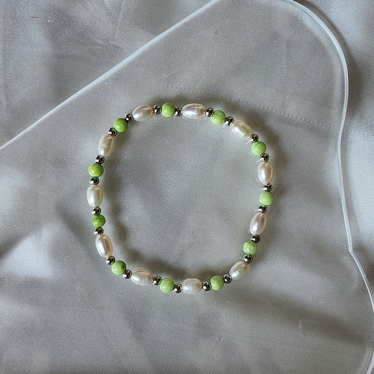 Green Calcite, Pearl & Sterling Silver Bracelet