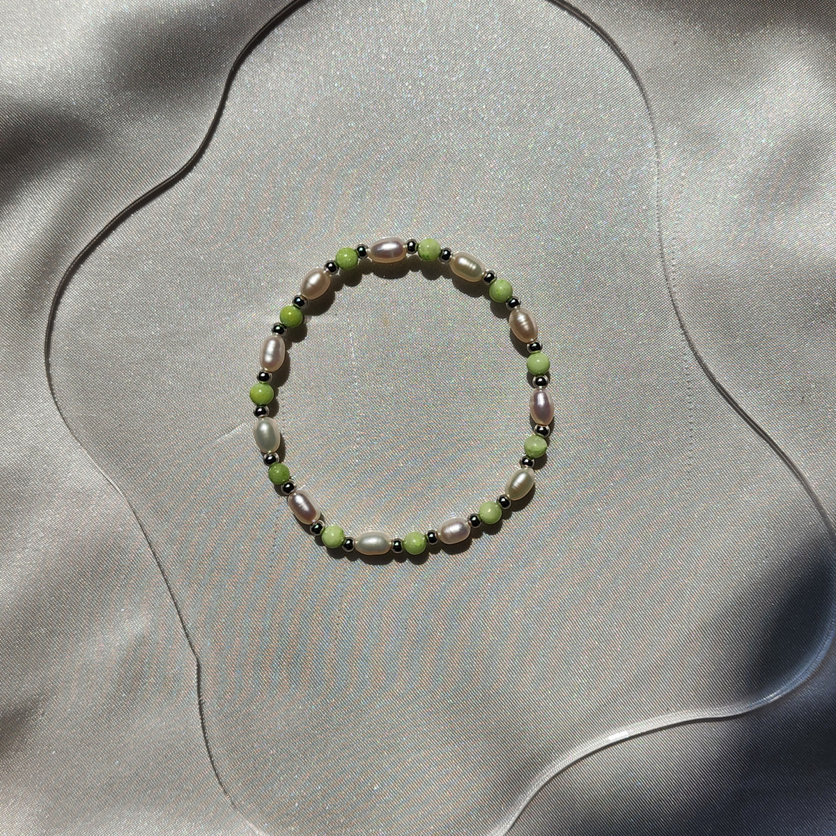Green Calcite, Pearl & Sterling Silver Bracelet